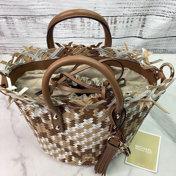 MICHAEL KORS MARLEY WEAVING BUCKET BAG LEATHER MESSENGER SUMMER VACATION PURSE - Picture 11 of 16